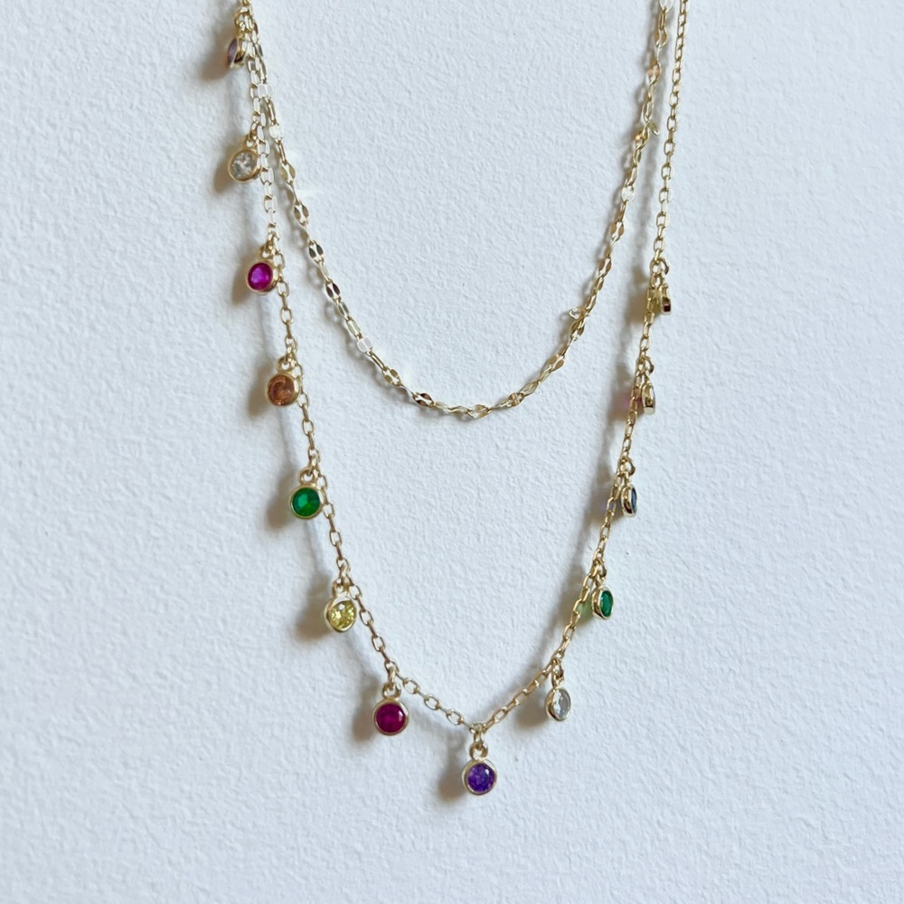 Gold tone two layer chain with colorful gem stones adjustable length necklace